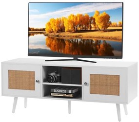 VEVOR Rattan TV Stand, Boho TV Cabinet for 55 inch TV, Mid Century Modern TV Stand, Rattan TV Console with Adjustable Shelfs for  Living Room, Media Room, White