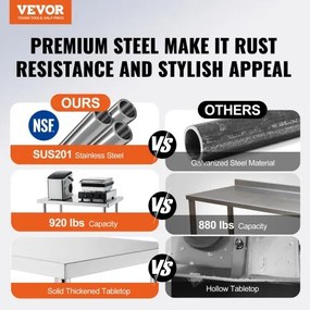 VEVOR Stainless Steel Work Prep Table Commercial Worktable Food Prep 30x72x34in