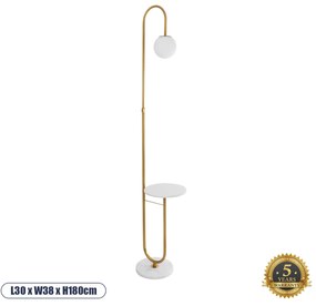 02025 GloboStar® CORDELIA 02025 Μοντέρνο Επιδαπέδιο Φωτιστικό Μονόφωτο 1 x E27 IP20 Χρυσό Αλουμίνιο, Λευκό Γυαλί με Λευκό Μάρμαρο - Μ30 x Π38 x Υ180cm
