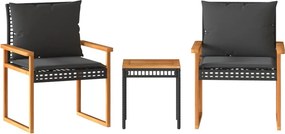 vidaXL Σετ Επίπλων Bistro 3 τεμ. Μαύρο Συνθ. Ρατάν/Ακακία + Μαξιλάρια