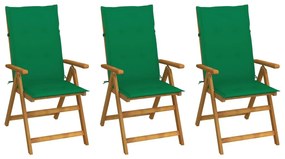 Καρέκλες Κήπου Πτυσσόμενες 3 τεμ. Ξύλο Ακακίας με Μαξιλάρια - Πράσινο