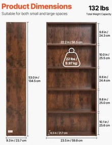 VEVOR 5 Tiers Narrow Bookshelf 53&quot; Wooden Open Bookcase Adjustable Shelf Brown
