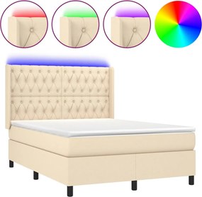 vidaXL Κρεβάτι Boxspring με Στρώμα &amp; LED Κρεμ 140x190 εκ. Υφασμάτινο