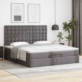 vidaXL Οθωμανικό κρεβάτι με στρώματα &amp; LEDs Γκρι Faux Leather
