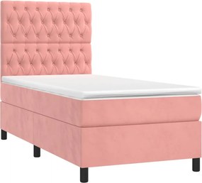 vidaXL Κρεβάτι Boxspring με Στρώμα &amp; LED Ροζ 90x200 εκ. Βελούδινο