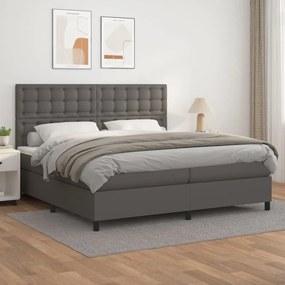 vidaXL Κρεβάτι Boxspring με Στρώμα Γκρι 200x200 εκ. Συνθετικό Δέρμα