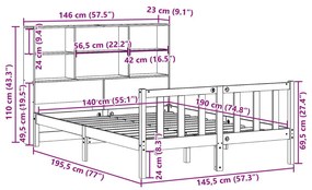 Κρεβάτι Βιβλιοθήκη Χωρίς Στρώμα 140x190 εκ Μασίφ Ξύλο Πεύκου - Καφέ