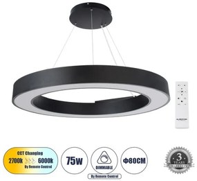Κρεμαστό Φωτιστικό Δαχτυλίδι CCT 75W Φ80cm Αλουμίνιο Globostar-61196-Μαύρο 61196