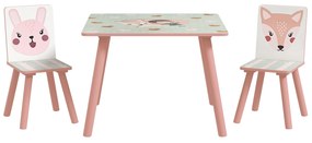 ZONEKIZ Σετ παιδικών καθισμάτων από πεύκο, τραπέζι με 2 καρέκλες, μοτίβο ζώων, παιδικό δωμάτιο, 3-8 ετών, Ροζ