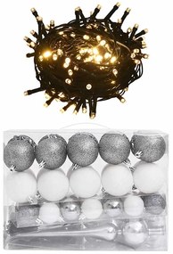 vidaXL Χριστουγεν. Μπάλες Σετ 61 τεμ με Κορυφή & 150 LED Λευκό/Γκρι