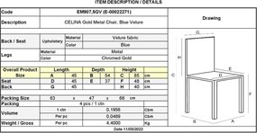 CELINA Καρέκλα Χρώμιο Χρυσό, Velure Μπλε   4τμχ