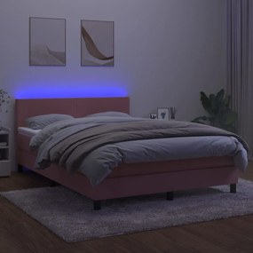 vidaXL Κρεβάτι Boxspring με Στρώμα &amp; LED Ροζ 140x200 εκ. Βελούδινο