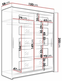 Ντουλάπα Atlanta 114, Άσπρο, 200x150x58cm, 118 kg, Πόρτες ντουλάπας: Ολίσθηση, Αριθμός ραφιών: 5, Αριθμός ραφιών: 5 | Epipla1.gr