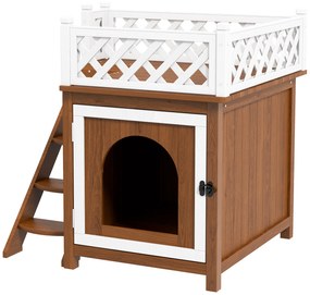 Σπιτάκι γάτας PawHut, διώροφο, με μπαλκόνι και σκάλα, για εσωτερικούς και εξωτερικούς χώρους, για γάτες και κουνέλια, ξύλο ελάτης, καφέ