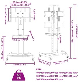 Βάση Τηλεόρασης με Τροχούς 32-70Ιν. Max VESA 600x400χιλ. 60κ. - Μαύρο