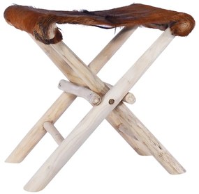Σκαμπό Πτυσσόμενο από Δέρμα Κατσίκας και Μασίφ Ξύλο Teak