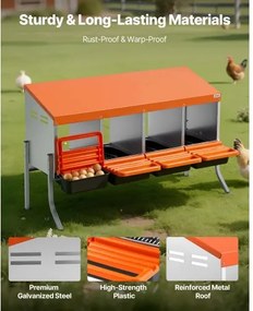 VEVOR Chicken Nesting Boxes, 4 Compartments, with Support Legs, Easy Egg Collection, Galvanized Steel and High-Strength Plastic, Roll Away Nesting Boxes for Chickens and Hens Laying Eggs, Orange