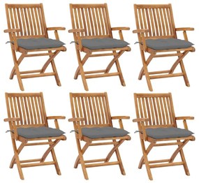 Καρέκλες Κήπου Πτυσσόμενες 6 τεμ. Μασίφ Ξύλο Teak με Μαξιλάρια - Γκρι
