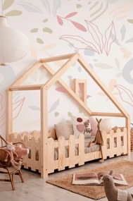 Kρεβάτι Παιδικό Montessori Small House με Κάγκελα + Καμινάδα σε Φυσικό  Ξύλο  90×200cm  Adeko (Δώρο 10% έκπτωση στο Στρώμα)