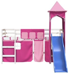 vidaXL Υπερυψωμένο Κρεβάτι με Πύργο Ροζ 90x190 εκ. Μασίφ Ξύλο Πεύκου
