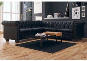 vidaXL Γωνιακός Καναπές Chesterfield 5 Θέσεων Μαύρος από Συνθετικό Δέρμα