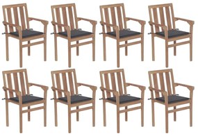 Καρέκλες Κήπου Στοιβαζόμενες 8 τεμ. Μασίφ Ξύλο Teak &amp; Μαξιλάρια - Ανθρακί