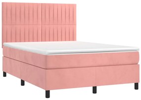 vidaXL Κρεβάτι Boxspring με Στρώμα &amp; LED Ροζ 140x200 εκ. Βελούδινο