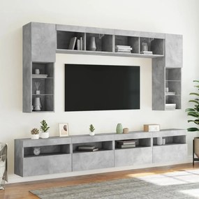 vidaXL Ντουλάπια Τηλεόρασης Τοίχου 8 τεμ. Φώτα LED Γκρι Σκυροδέματος