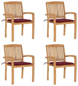 Καρέκλες Κήπου Στοιβαζόμενες 4 τεμ. Μασίφ Ξύλο Teak + Μαξιλάρια - Κόκκινο