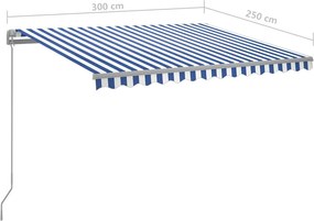 vidaXL Χειροκίνητη τέντα με ηλιακό LED 3 x 2,5 m Μπλε και Λευκή Ράβδος
