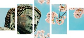 Εικόνα 5 τμημάτων Άγαλμα του Βούδα δίπλα στην κερασιά