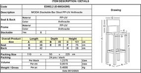 MODA Σκαμπό Bar-Pro Στοιβαζόμενο, PP-UV Protection Απόχρωση Ανθρακί   1τμχ