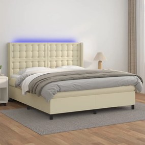 vidaXL Κρεβάτι Boxspring με Στρώμα &amp; LED Κρεμ 180x200 εκ. Συνθ. Δέρμα