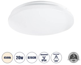 GloboStar® CELANO 61006 LED Πλαφονιέρα Οροφής Στρόγγυλη Φ26 20W 1900lm 120° AC 220-240V Αδιάβροχη IP54 Φ26 x Υ6cm Φυσικό Λευκό 4500K - 3 Χρόνια Εγγύηση