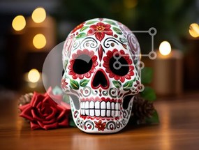 Intra Συλλεκτικό Ξύλινο Παζλ Plywood  4mm - Διακοσμητικό Sugar Skull για την Ημέρα των Νεκρών Σε Ξύλινο Κουτί - Διαστάσεις: 10x10 cm – 25 κομμάτια