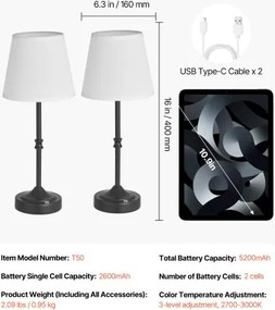 VEVOR Cordless Table Lamp 2PCS Rechargeable Battery Desk Lamp Fabric Shade Black