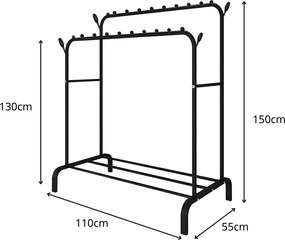 Διπλή Μεταλλική Κρεμάστρα Δαπέδου 110x55x150cm με Ράφι - Μαύρο
