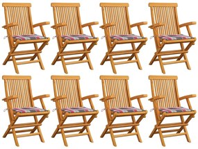 vidaXL Καρέκλες Κήπου 8 τεμ Μασίφ Ξύλο Teak με Κόκκινα Καρό Μαξιλάρια