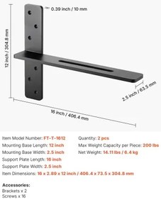 VEVOR 2 Pcs Shelf Brackets 16 inch / 406.4 mm Heavy Duty Floating Shelf Brackets