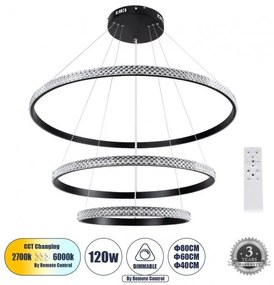 Κρεμαστό Φωτιστικό Οροφής LED 120W 14723lm DIAMOND ΤRIO 61138 Μαύρο Globostar 61138 Μαύρο