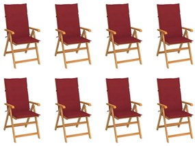 Καρέκλες Κήπου Ανακλινόμενες 8 τεμ. Μασίφ Ξύλο Teak &amp; Μαξιλάρια - Κόκκινο