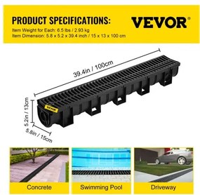 VEVOR Drainage Trench Driveway Channel Drain Kit Plastic Grate-5.8
