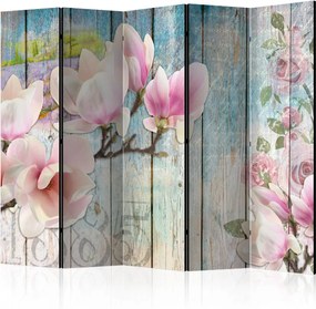 Διαχωριστικό με 5 τμήματα - Pink Flowers on Wood II [Room Dividers]