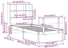 Κρεβάτι Βιβλιοθήκη Χωρίς Στρώμα 75x190 εκ Μασίφ Ξύλο Πεύκο - Καφέ