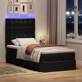 vidaXL Οθωμανικό κρεβάτι με στρώμα &amp; LEDs Μαύρο 90x200 cm Ύφασμα