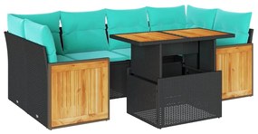 vidaXL Καναπές Σετ 7Τεμαχίων Μαύρο Συνθετικό Ρατάν με Μαξιλάρια Ακακία