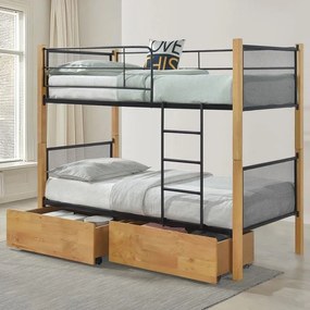 WOODWELL NET Κρεβάτι Κουκέτα με 2 Συρτάρια 94x47x30cm, Μέταλλο Βαφή Μαύρο-Ξύλο Φυσικό 95x200x158(Στρώμα 90x190)cm Ε8039