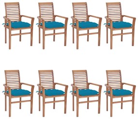 Καρέκλες Τραπεζαρίας 8 τεμ. Μασίφ Ξύλο Teak &amp; Γαλάζια Μαξιλάρια
