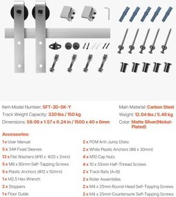VEVOR 5FT Sliding Barn Door Hardware Kit for Single Sliding Barn Door Silver