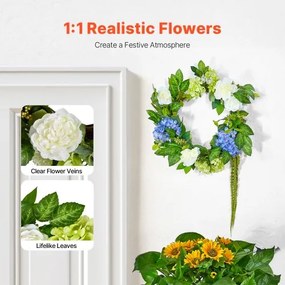 VEVOR Artificial Decorative Wreath 23 in Blue White Green with Hydrangeas Roses